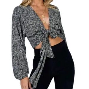 Princess Polly Black Leopard Print Tie Front Crop Top - Size US 4